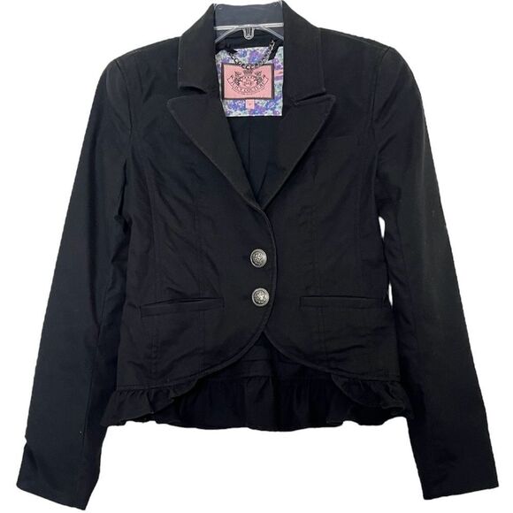 Juicy Couture Vintage Late 00s Crop Jacket Ruffle Hem Crest Button Black Size XS - Picture 1 of 11